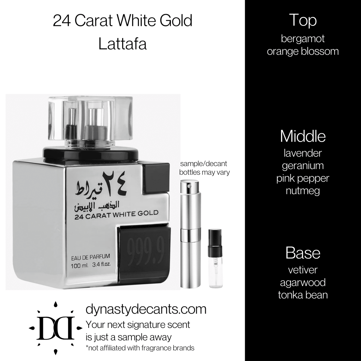Fragrance sample bottle for 24 Carat White Gold by Lattafa