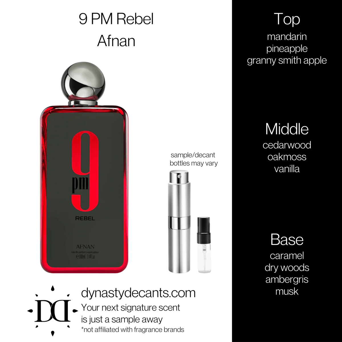 Fragrance sample bottle for 9 PM Rebel by Afnan