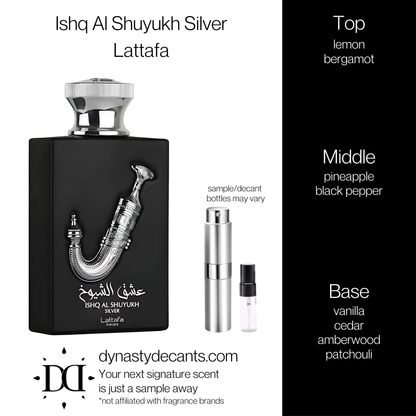 Ishq Al Shuyukh Silver by Lattafa | Fragrance Sample | Decant