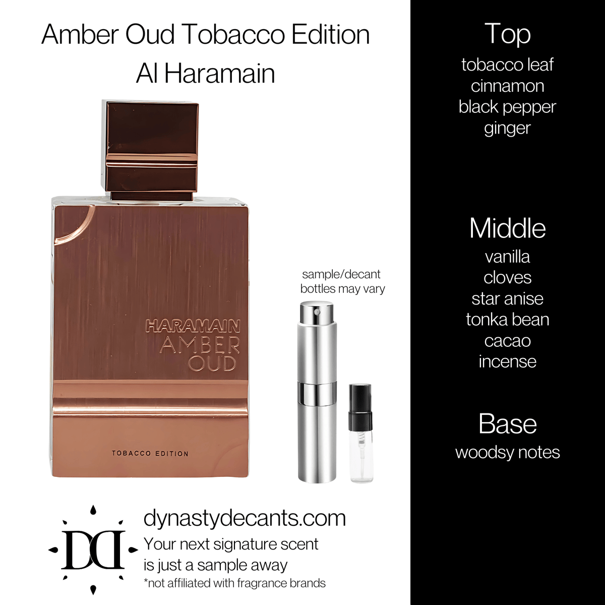 Fragrance sample bottle for Amber Oud Tobacco Edition by Al Haramain