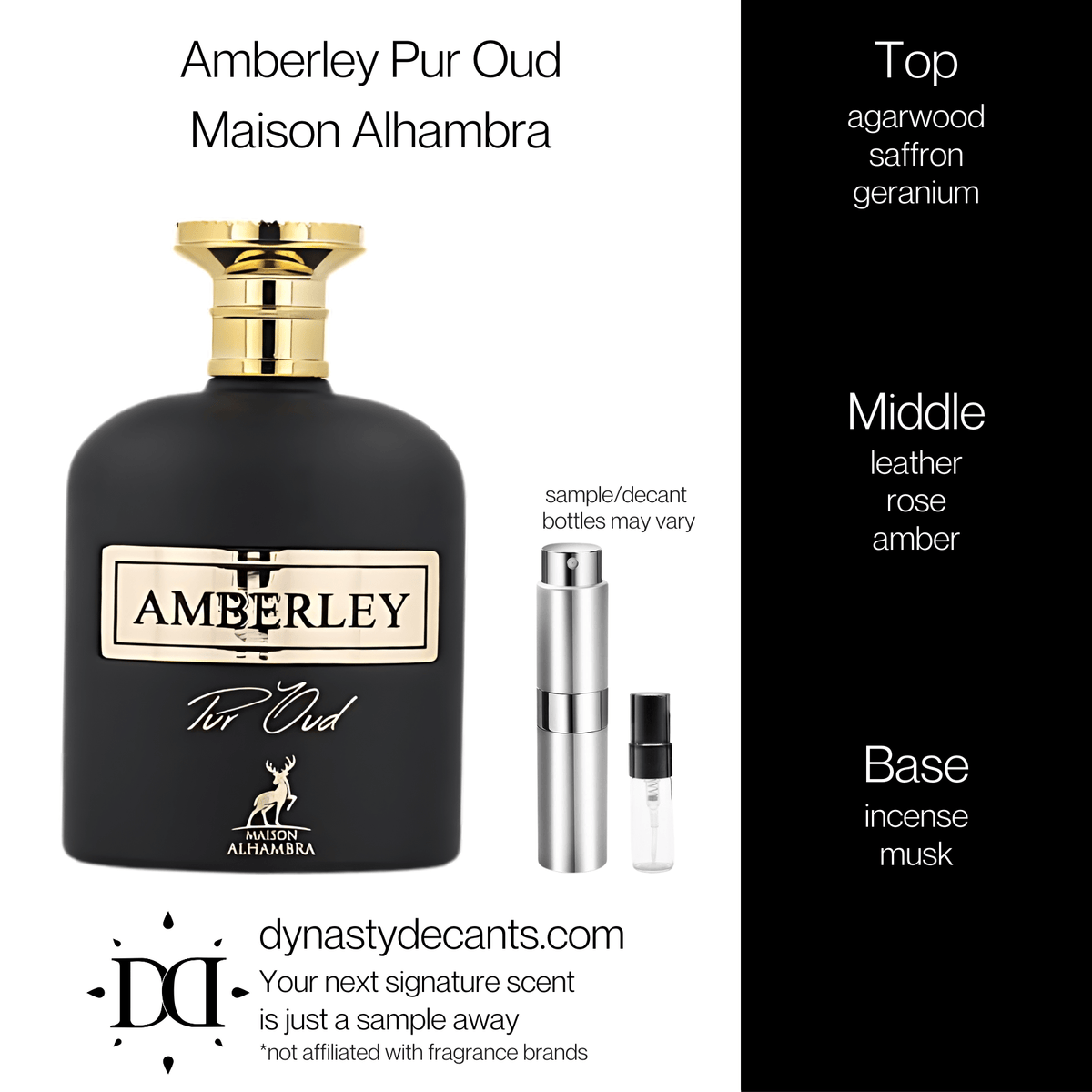 Fragrance sample bottle for Amberley Pur Oud by Maison Alhambra