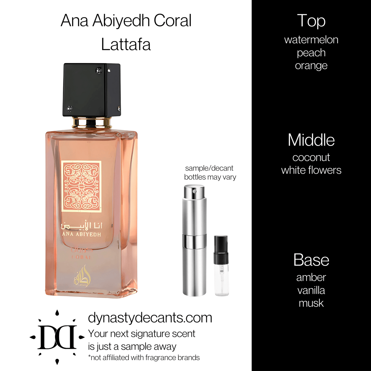 Fragrance sample bottle for Ana Abiyedh Coral by Lattafa