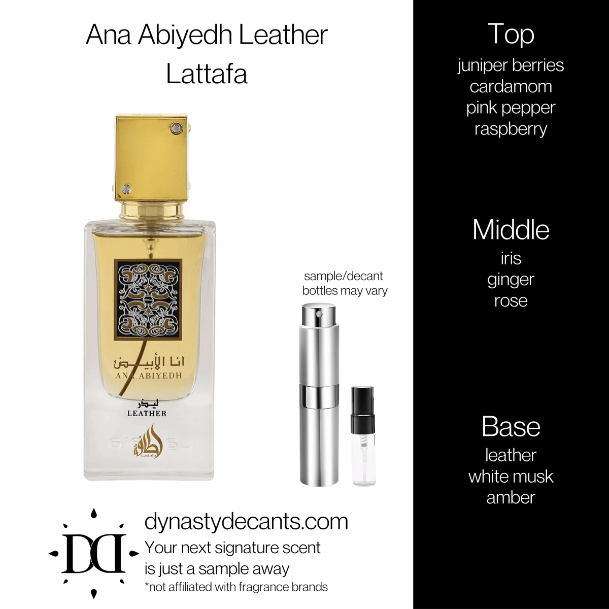 Fragrance sample bottle for Ana Abiyedh Leather by Lattafa