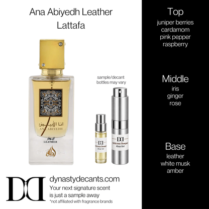 Fragrance sample bottle for Ana Abiyedh Leather by Lattafa