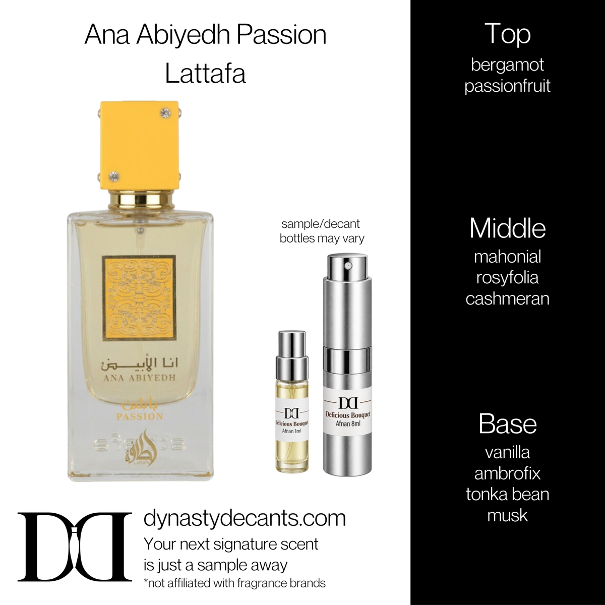 Fragrance sample bottle for Ana Abiyedh Passion by Lattafa