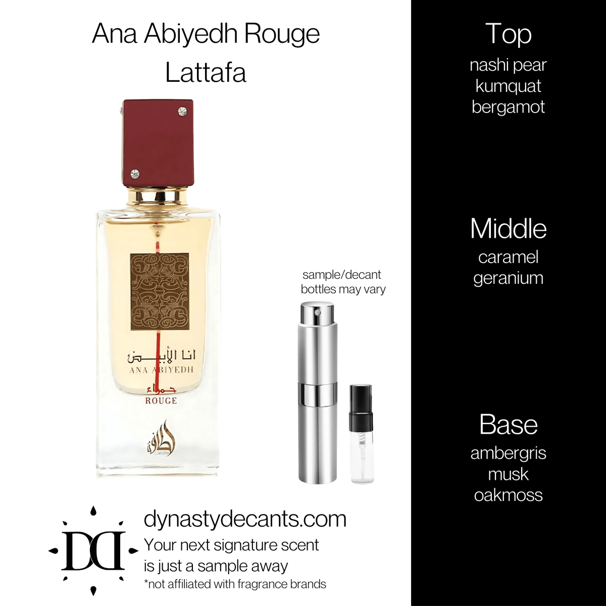 Fragrance sample bottle for Ana Abiyedh Rouge by Lattafa