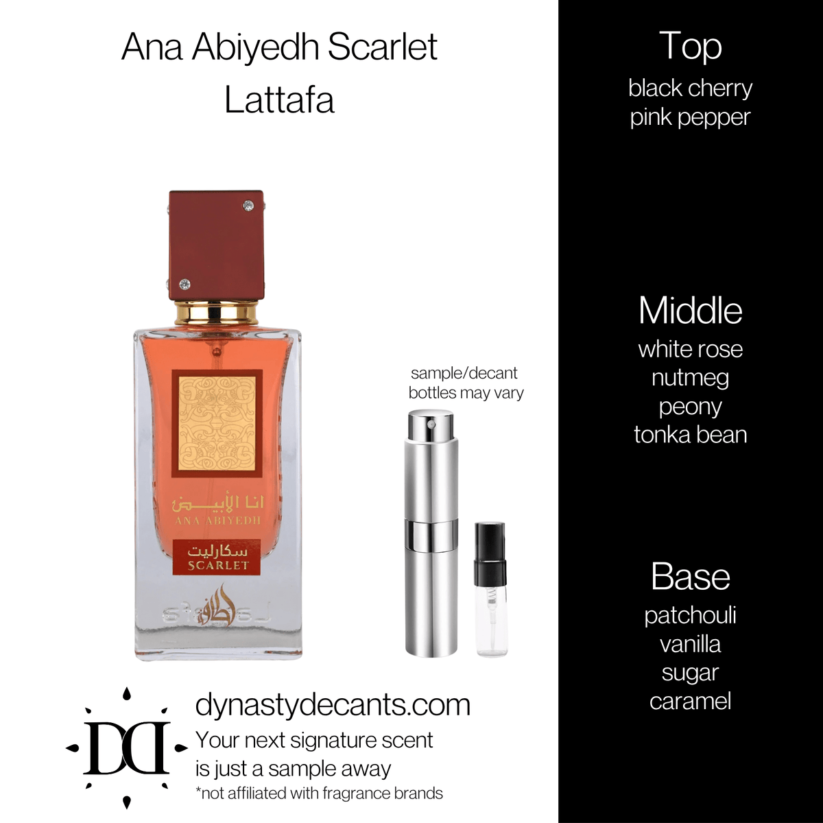 Fragrance sample bottle for Ana Abiyedh Scarlet by Lattafa