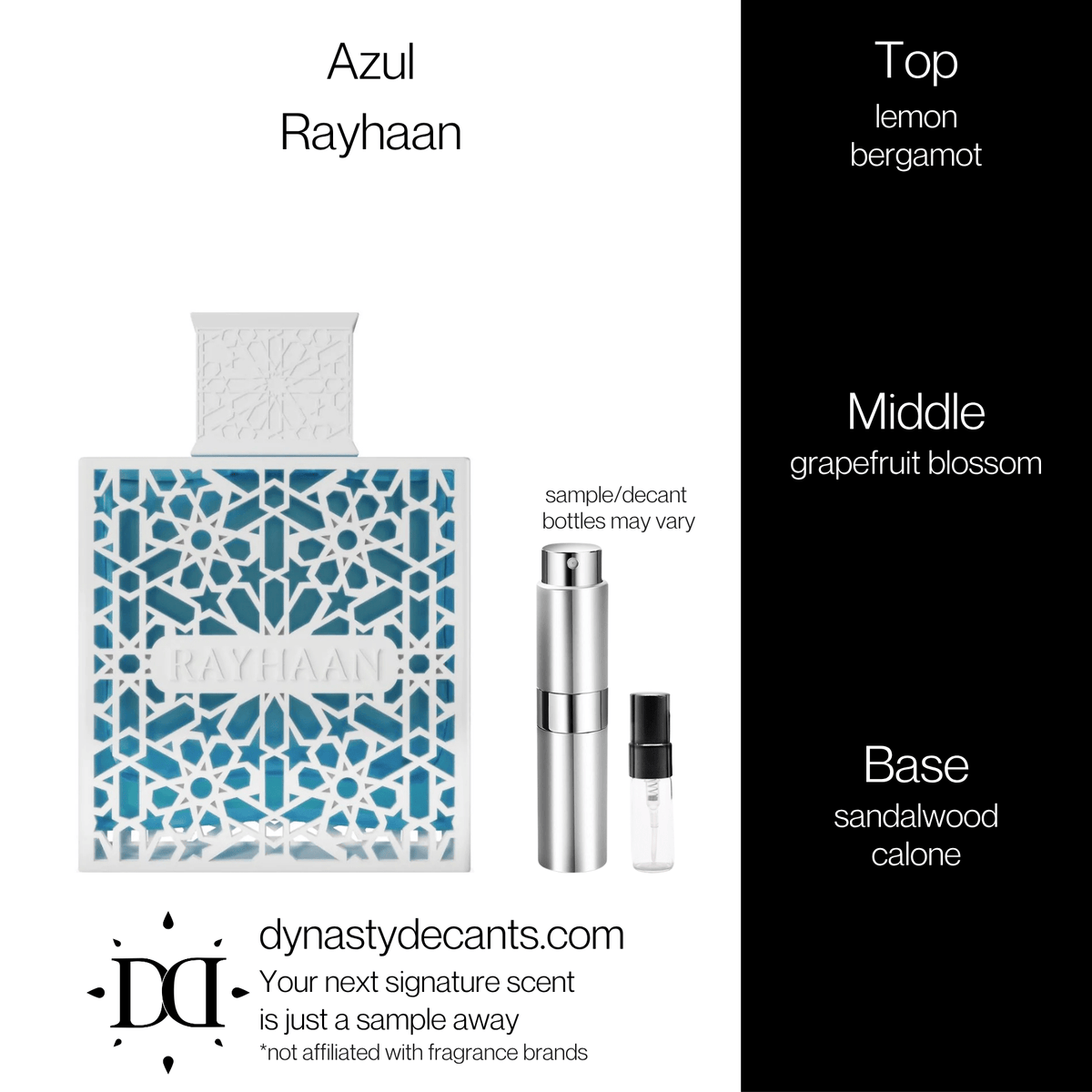 Fragrance sample bottle for Azul by Rayhaan