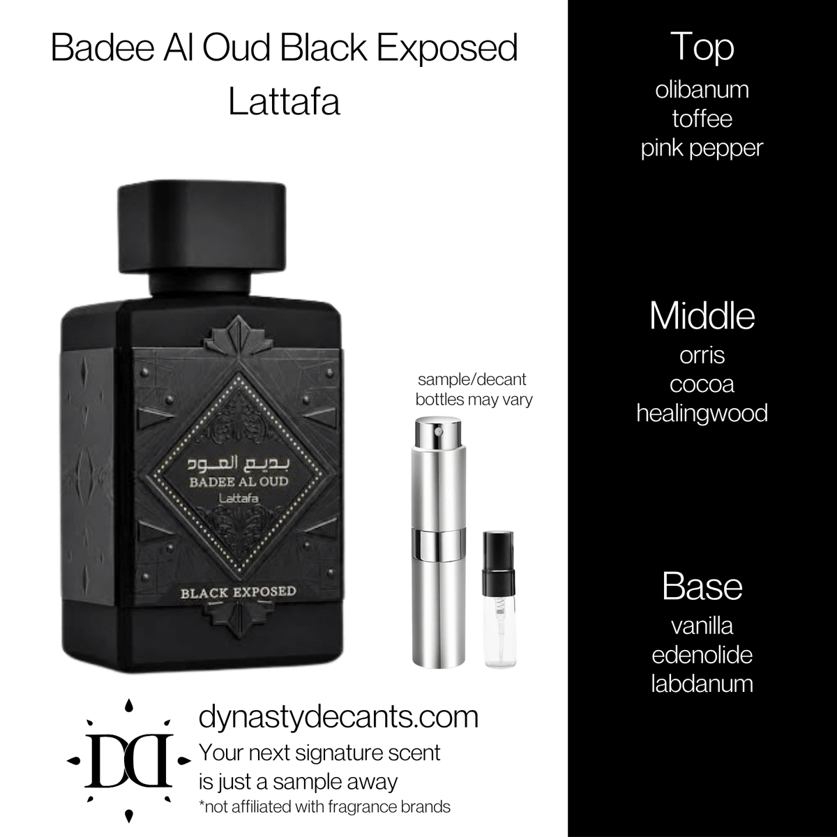 Fragrance sample bottle for Badee Al Oud Black Exposed by Lattafa