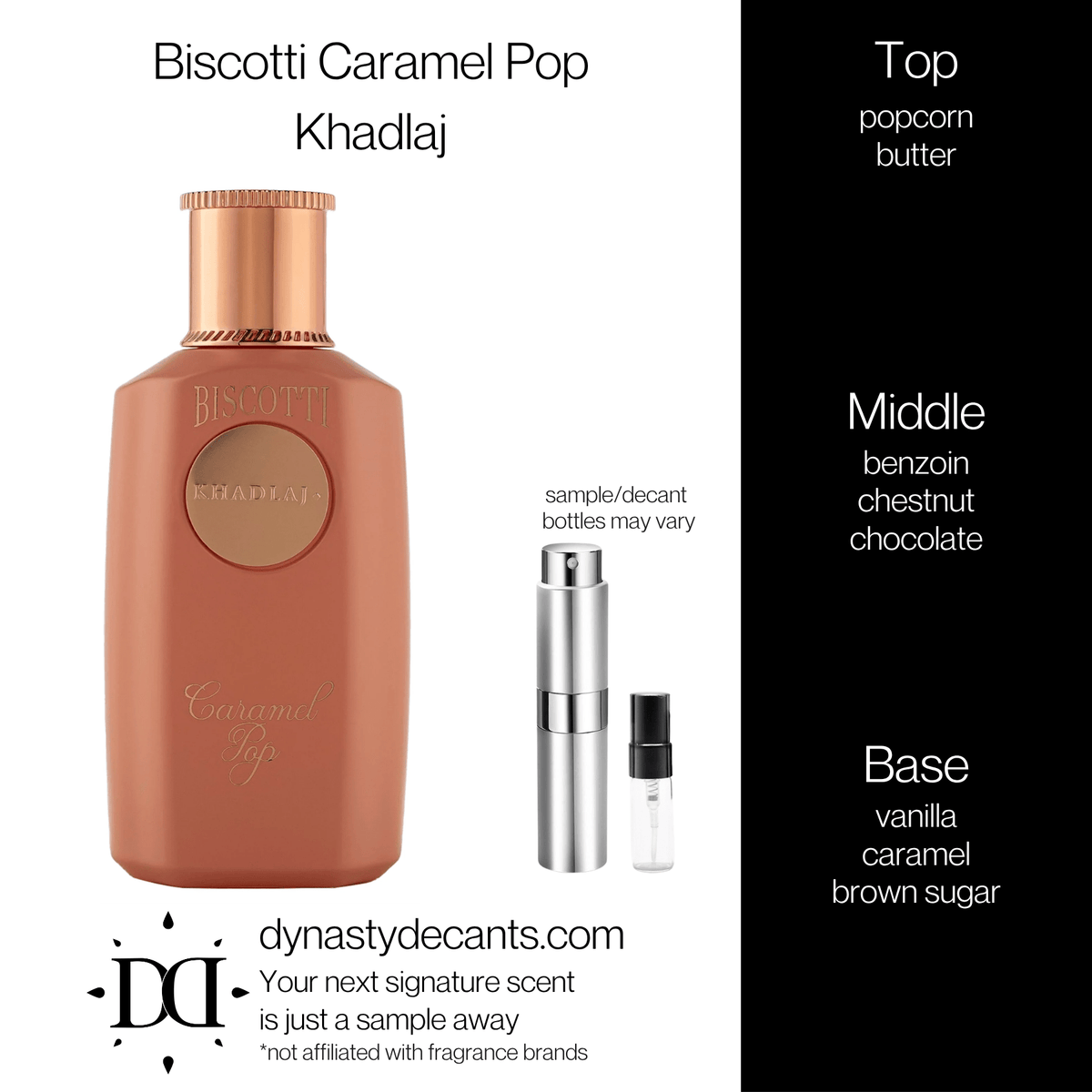 Fragrance sample bottle for Biscotti Caramel Pop by Khadlaj