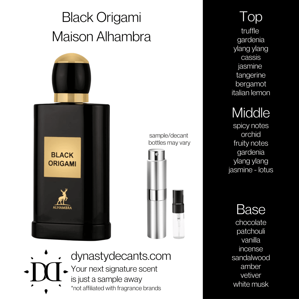 Fragrance sample bottle for Black Origami by Maison Alhambra