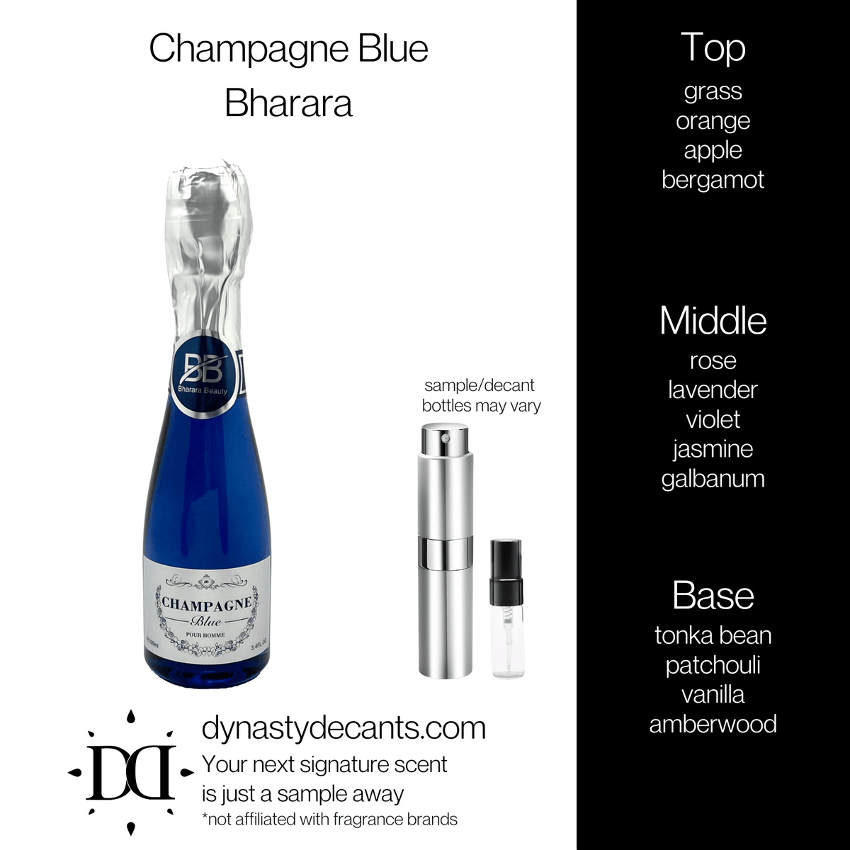 Fragrance sample bottle for Champagne Blue by Bharara