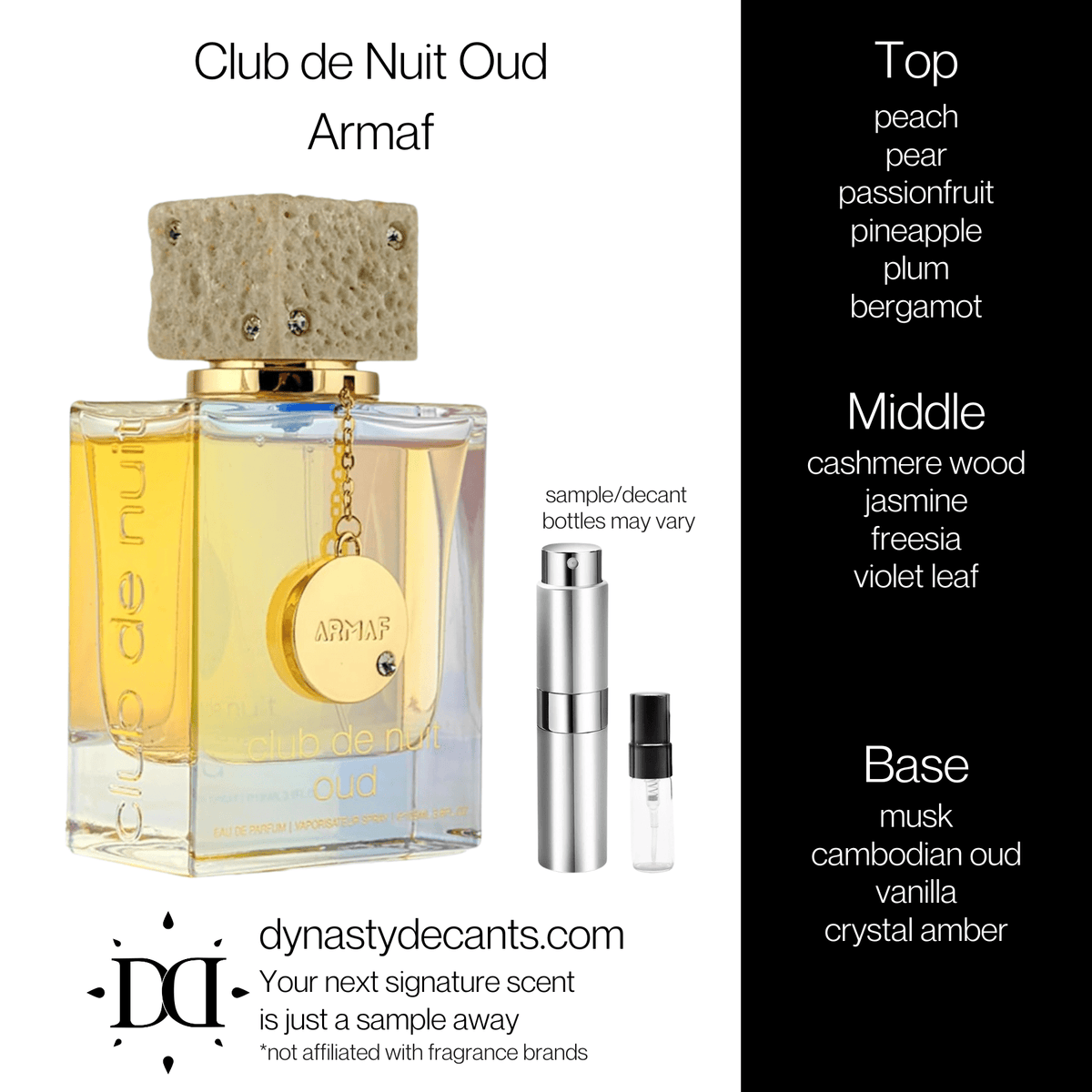 Fragrance sample bottle for Club de Nuit Oud by Armaf