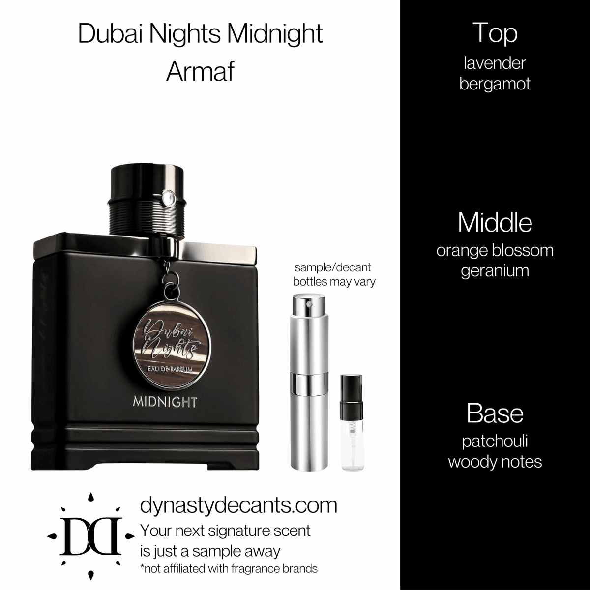Fragrance sample bottle for Dubai Nights Midnight by Armaf