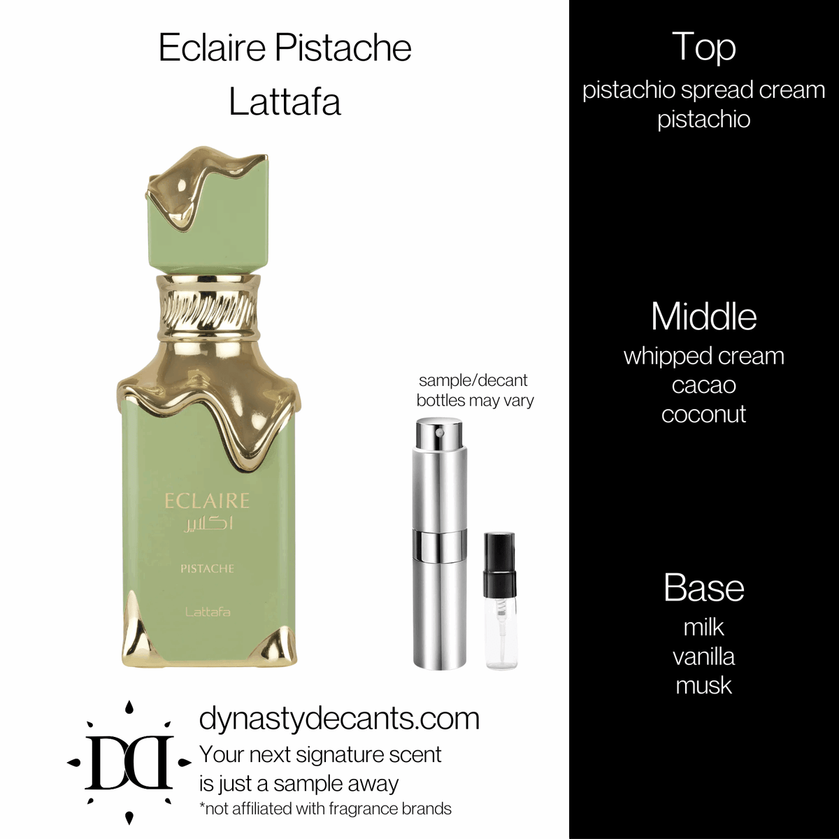 Fragrance sample bottle for Eclaire Pistache by Lattafa
