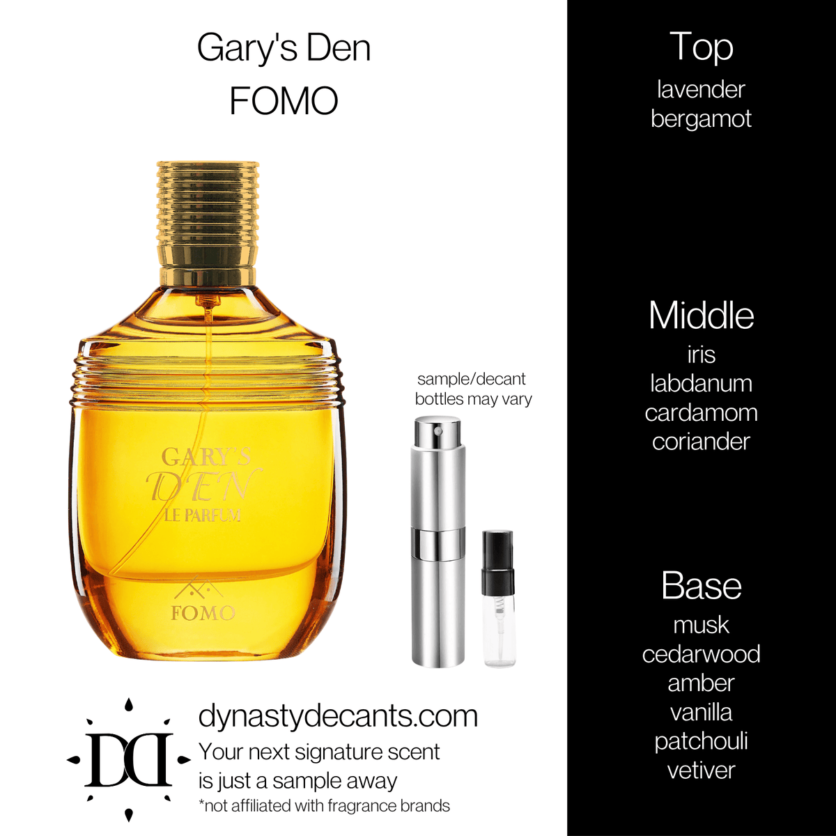 Fragrance sample bottle for Gary's Den by FOMO