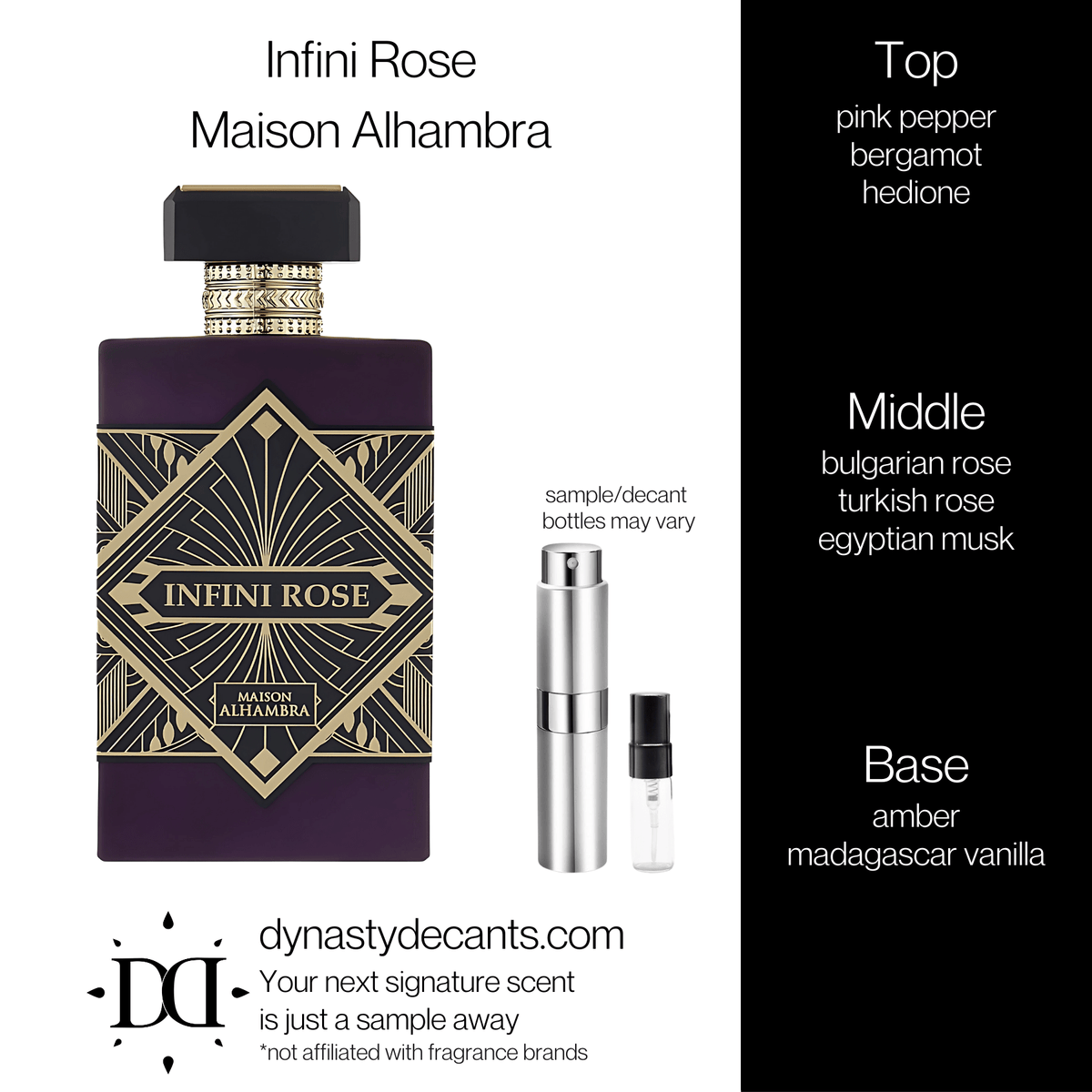 Fragrance sample bottle for Infini Rose by Maison Alhambra