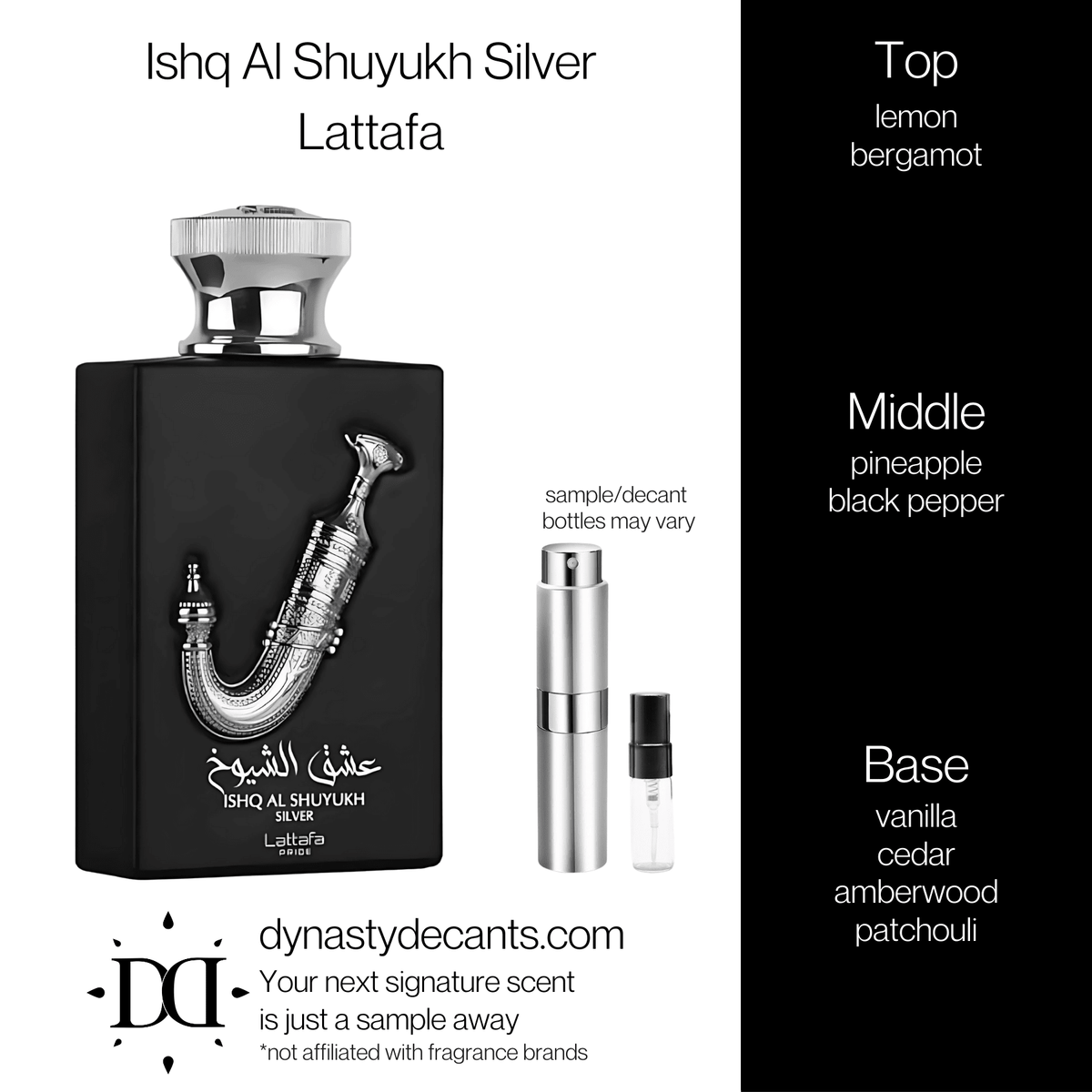 Fragrance sample bottle for Ishq Al Shuyukh Silver by Lattafa