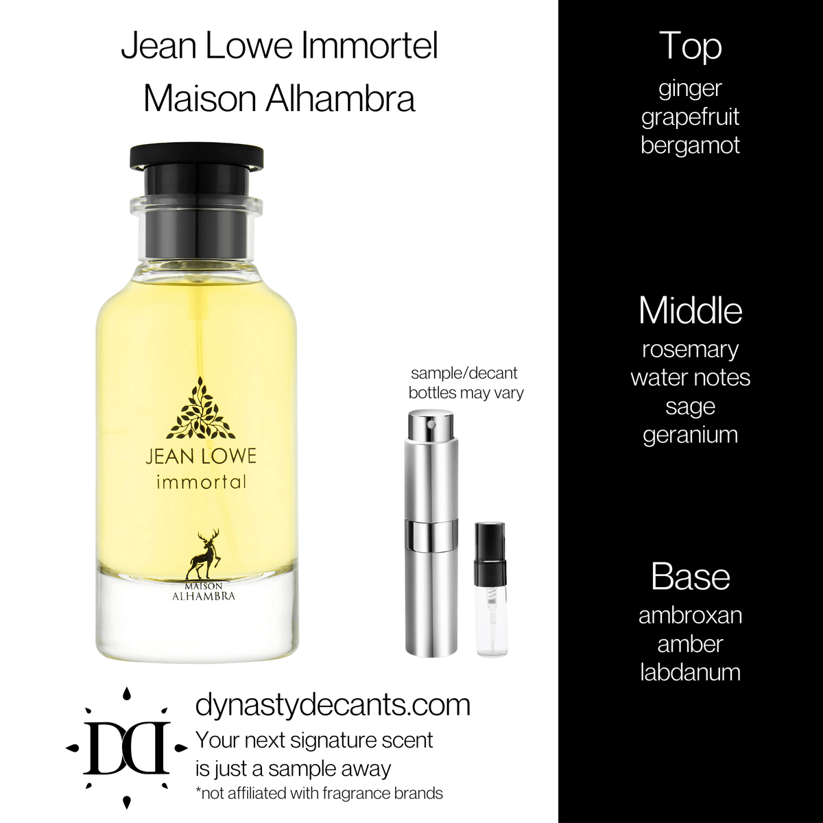 Fragrance sample bottle for Jean Lowe Immortal by Maison Alhambra