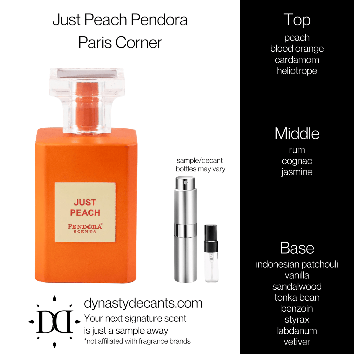 Fragrance sample bottle for Just Peach Pendora by Paris Corner