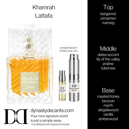Fragrance sample bottle for Khamrah by Lattafa