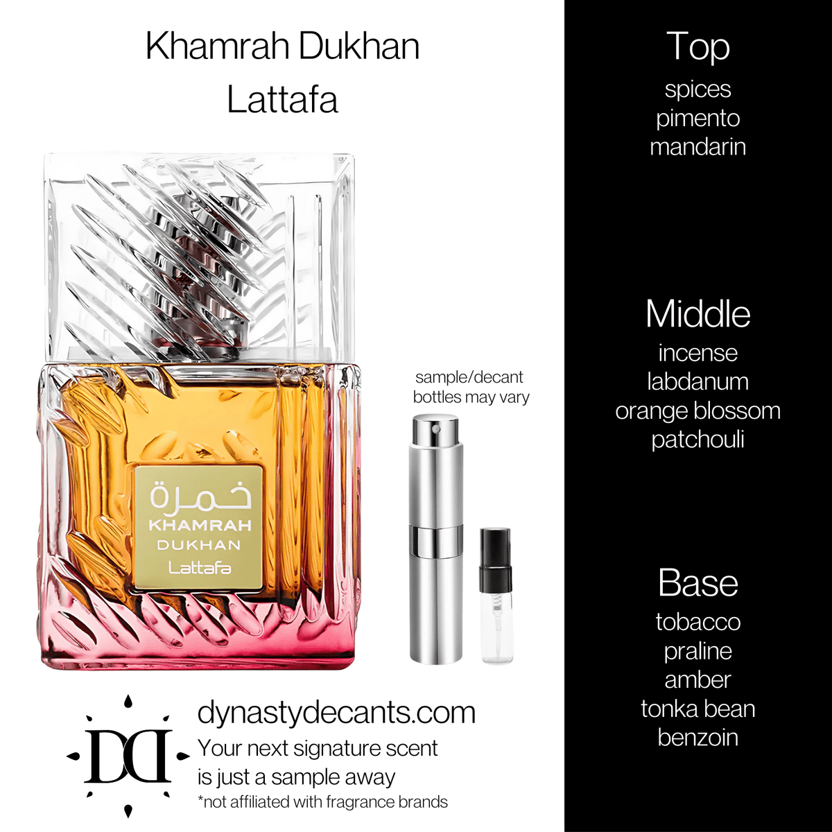 Fragrance sample bottle for Khamrah Dukhan by Lattafa
