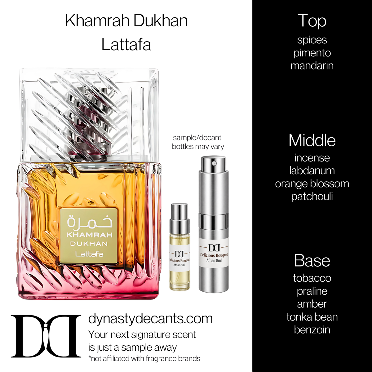 Fragrance sample bottle for Khamrah Dukhan by Lattafa