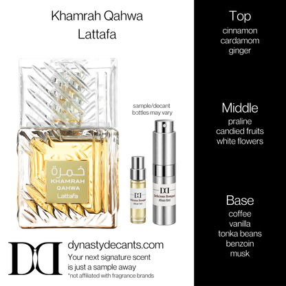 Fragrance sample bottle for Khamrah Qahwa by Lattafa