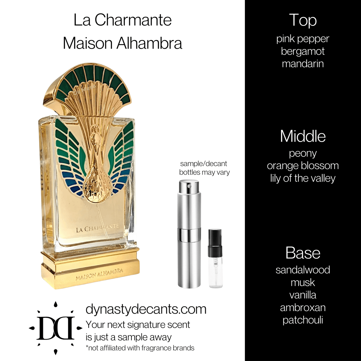 Fragrance sample bottle for La Charmante by Maison Alhambra