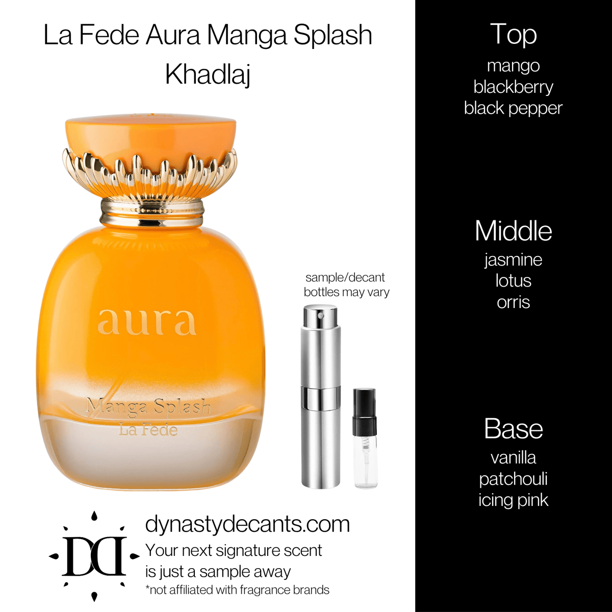 Fragrance sample bottle for La Fede Aura Manga Splash by Khadlaj