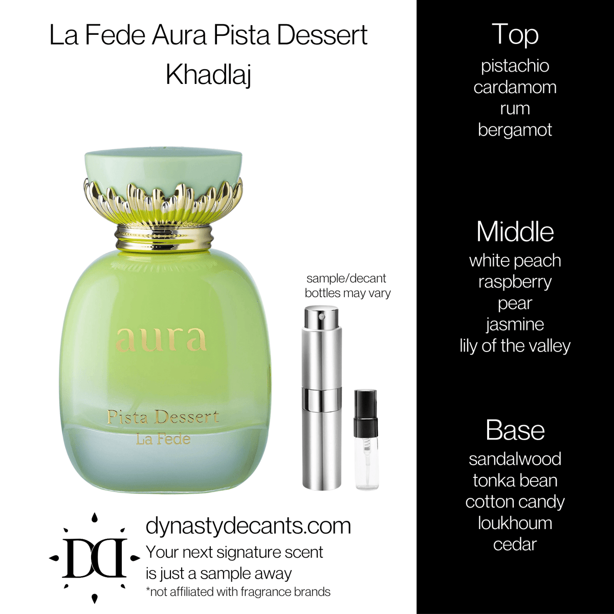 Fragrance sample bottle for La Fede Aura Pista Dessert by Khadlaj