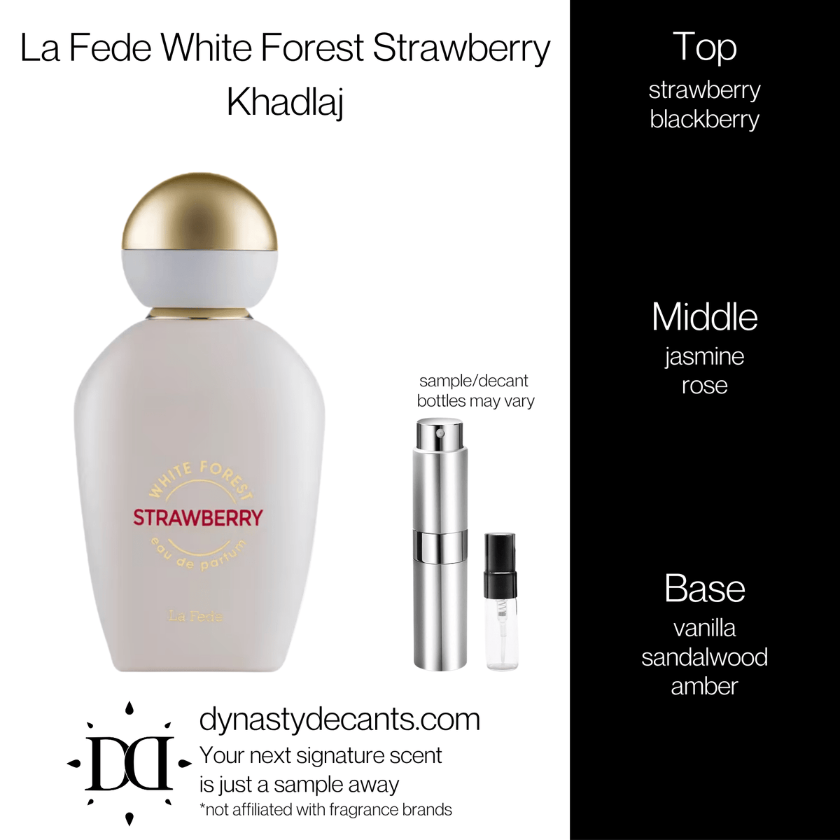 Fragrance sample bottle for La Fede White Forest Strawberry by Khadlaj