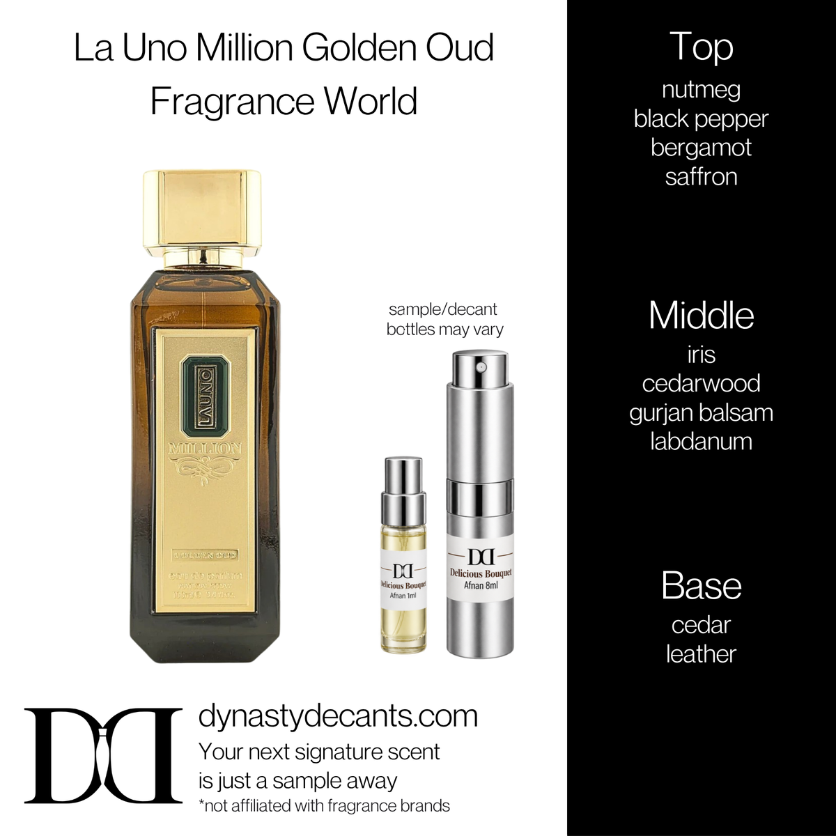 Fragrance sample bottle for La Uno Million Golden Oud by Fragrance World