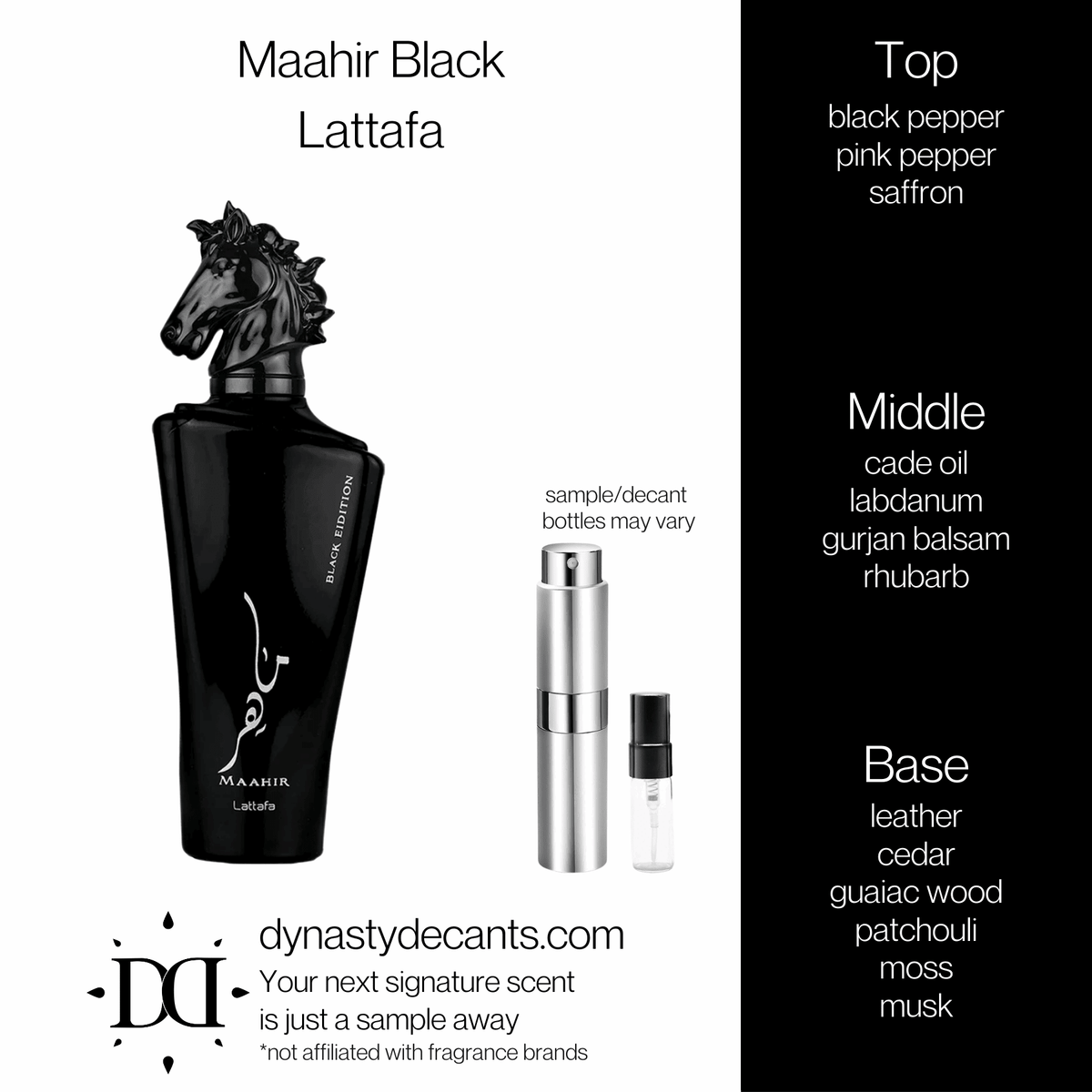 Fragrance sample bottle for Maahir Black by Lattafa