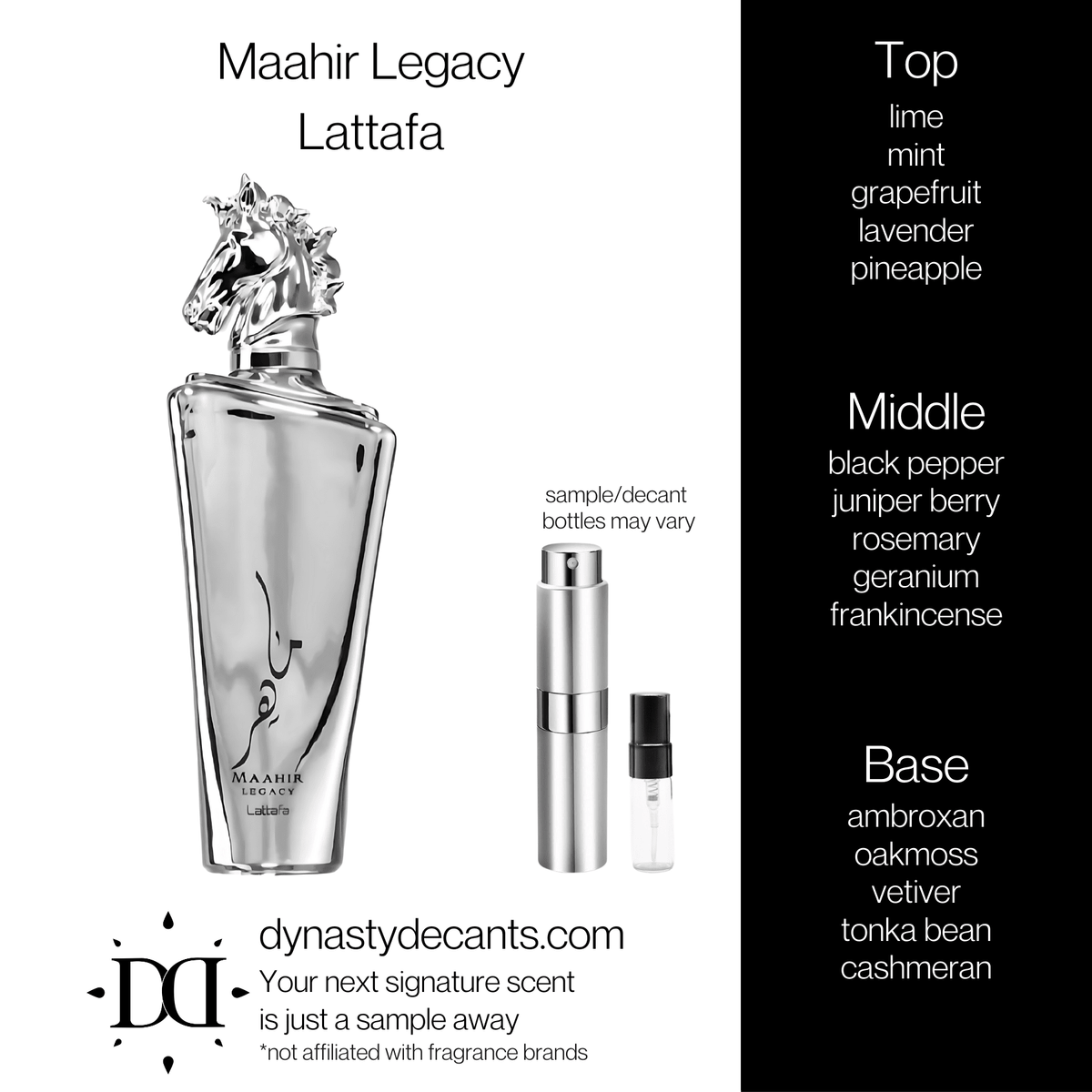 Fragrance sample bottle for Maahir Legacy by Lattafa