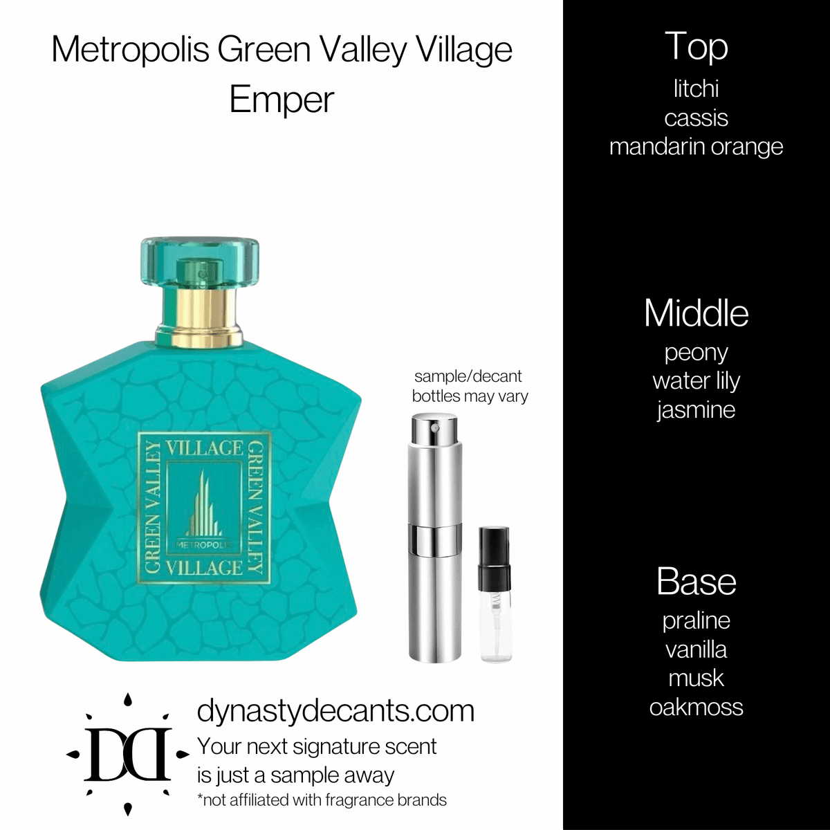 Fragrance sample bottle for Metropolis Green Valley Village by Emper