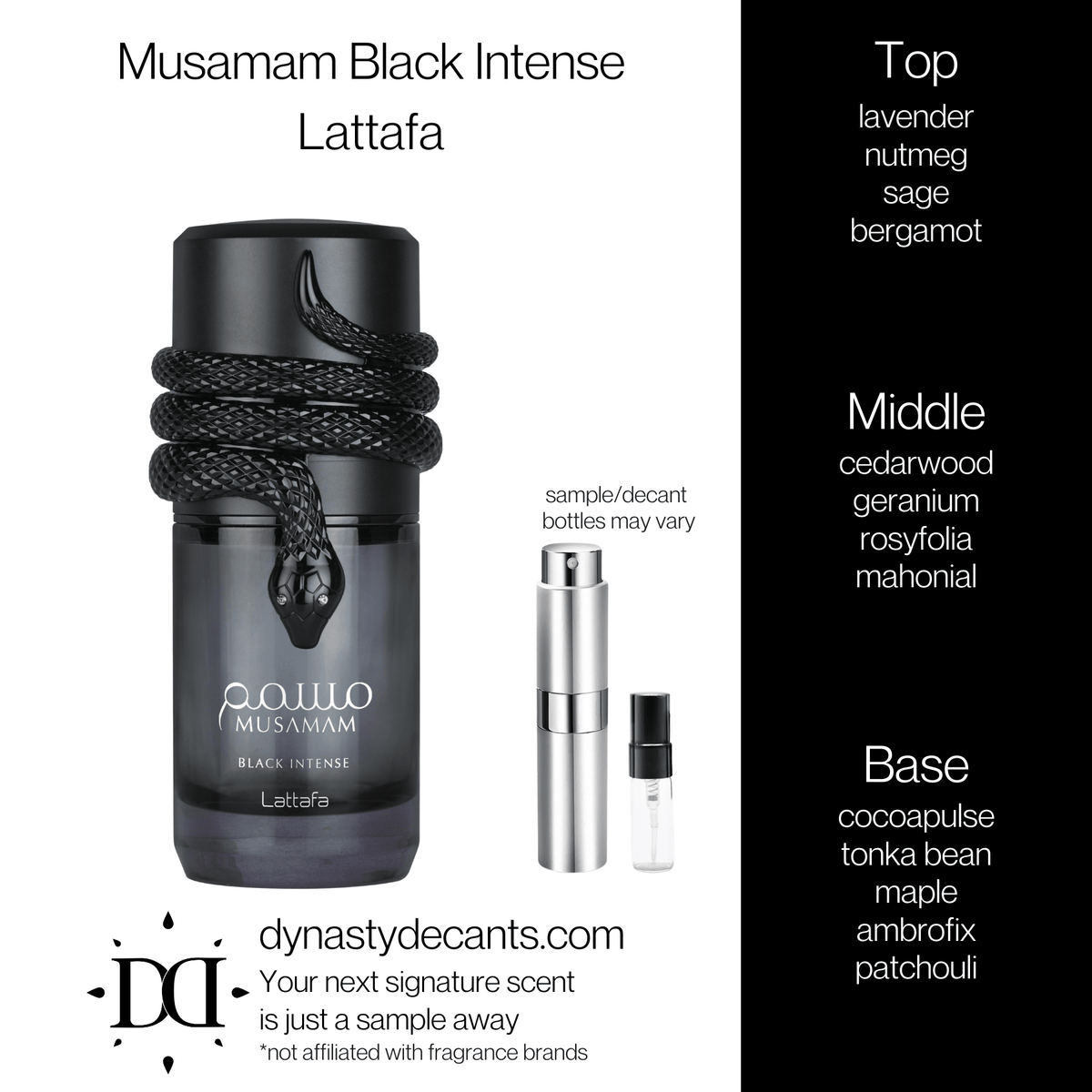 Fragrance sample bottle for Musamam Black Intense by Lattafa
