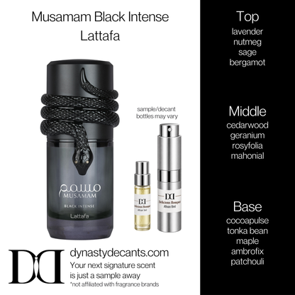 Fragrance sample bottle for Musamam Black Intense by Lattafa