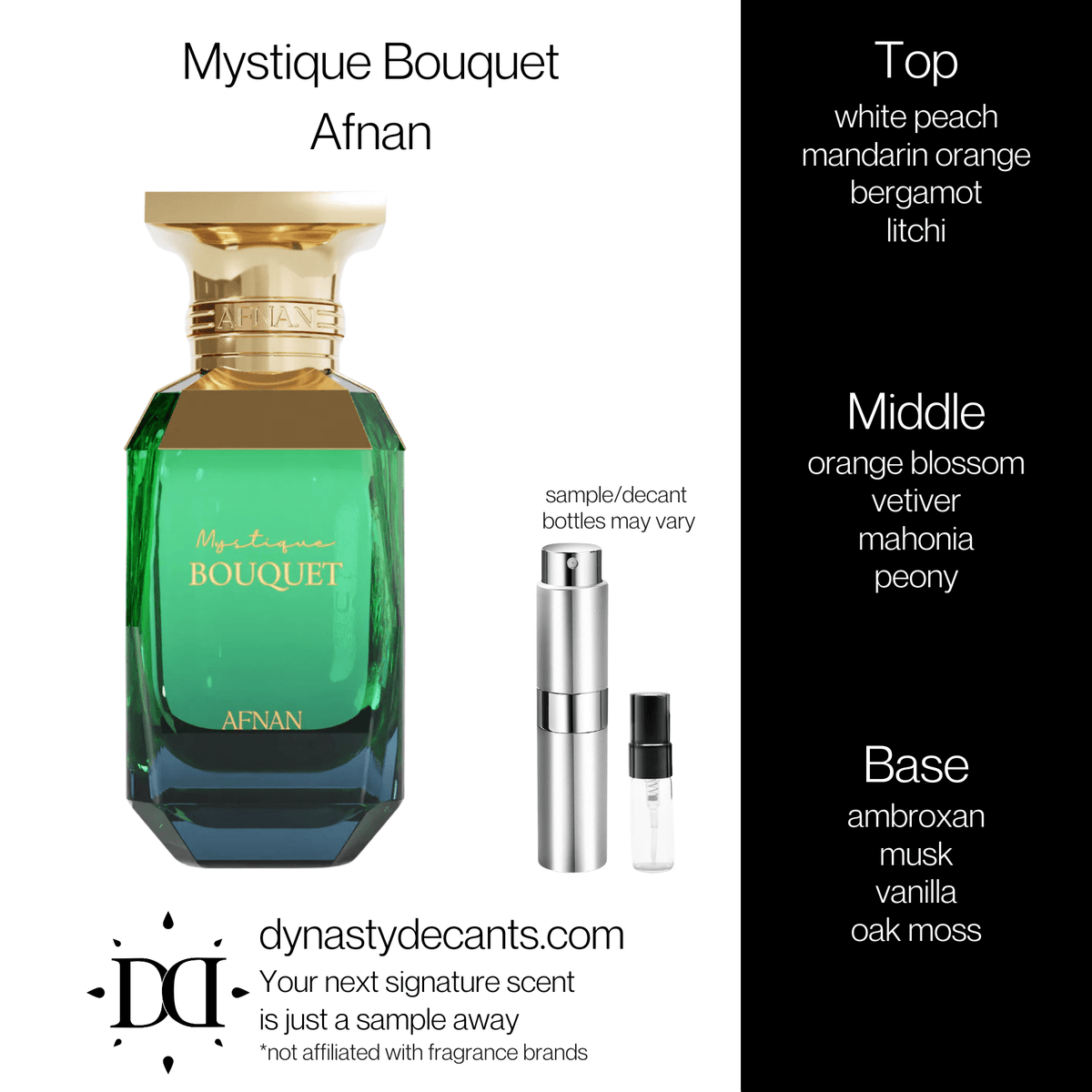 Fragrance sample bottle for Mystique Bouquet by Afnan