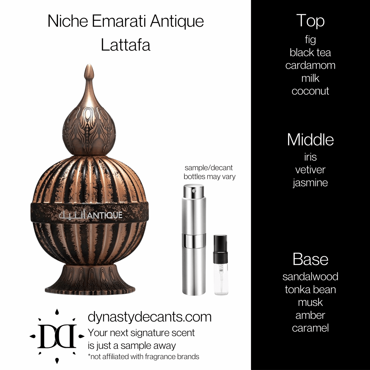 Fragrance sample bottle for Niche Emarati Antique by Lattafa