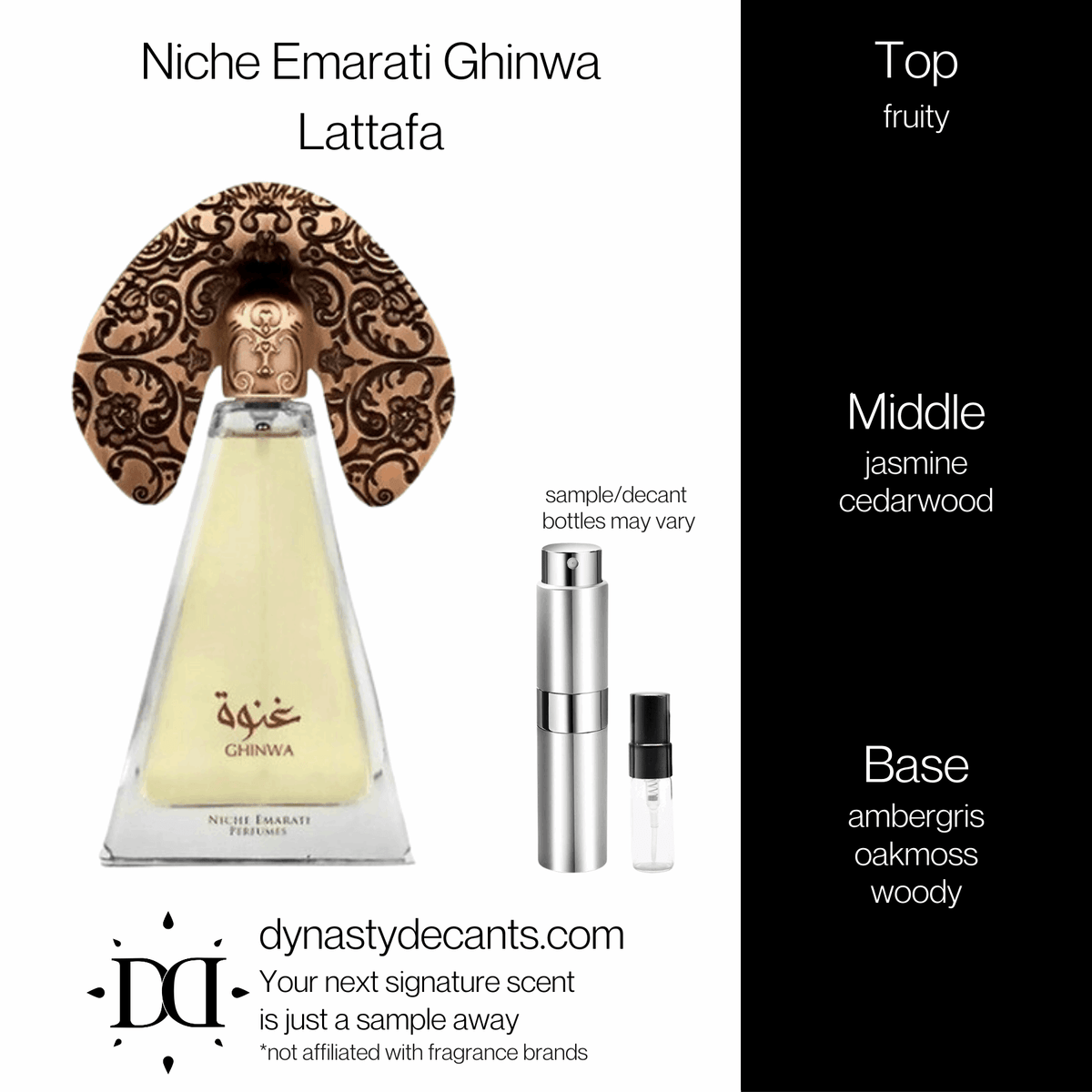 Fragrance sample bottle for Niche Emarati Ghinwa by Lattafa