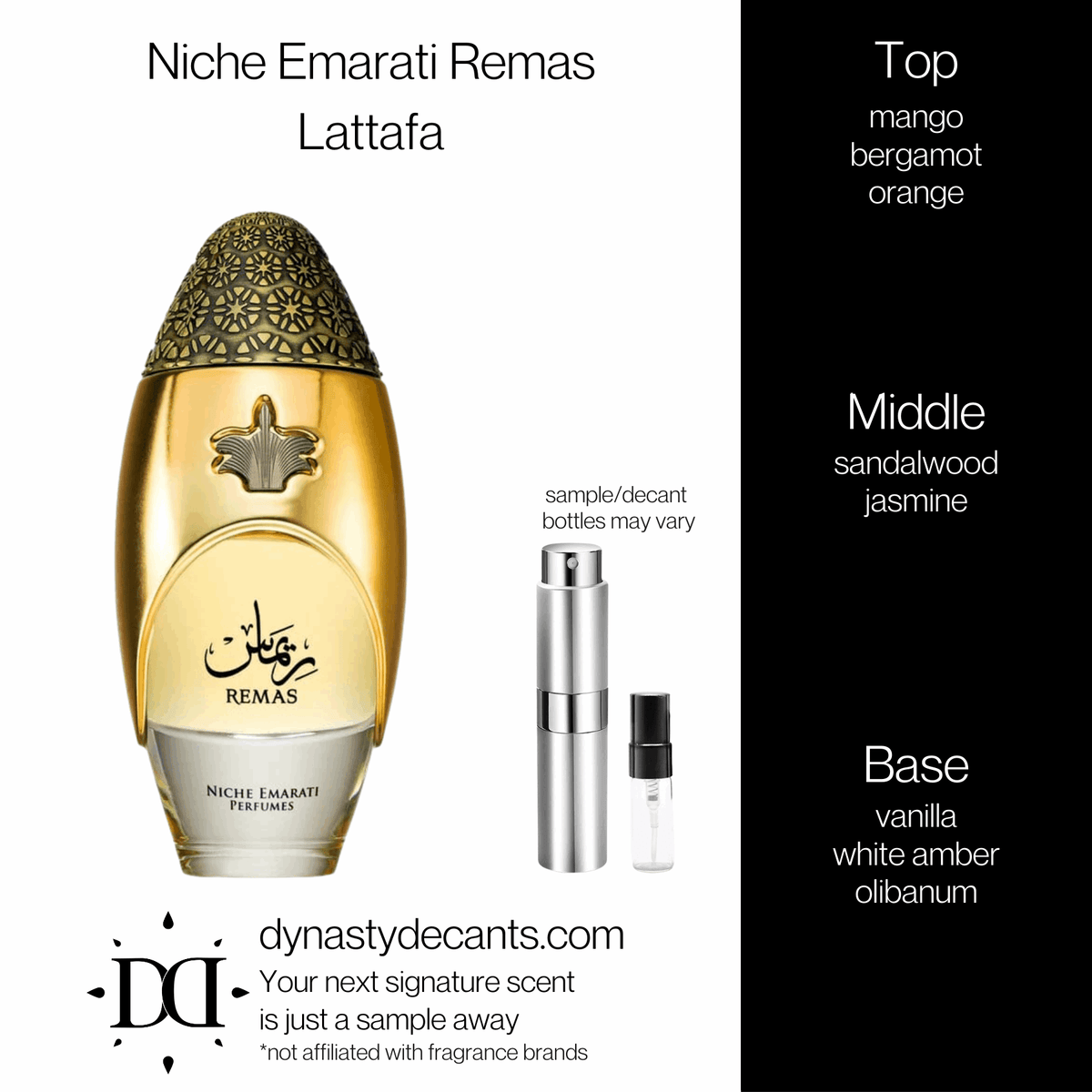Fragrance sample bottle for Niche Emarati Remas by Lattafa