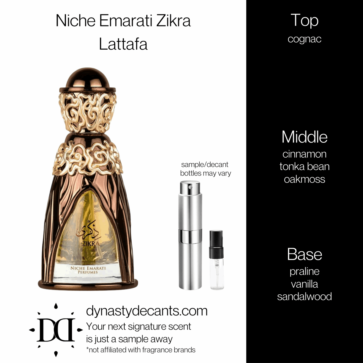 Fragrance sample bottle for Niche Emarati Zikra by Lattafa
