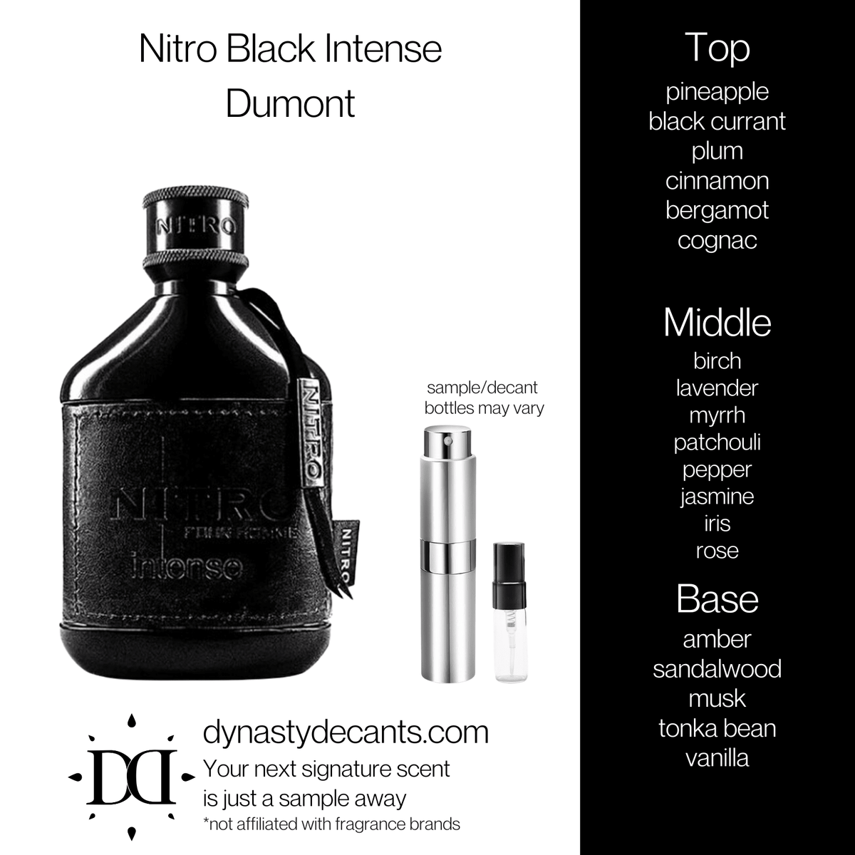 Fragrance sample bottle for Nitro Black Intense by Dumont
