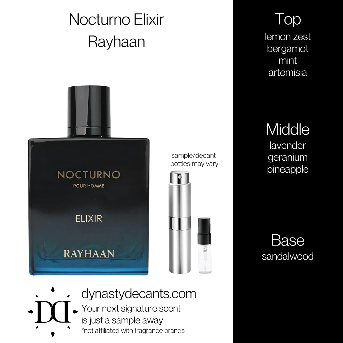 Fragrance sample bottle for Nocturno Elixir by Rayhaan