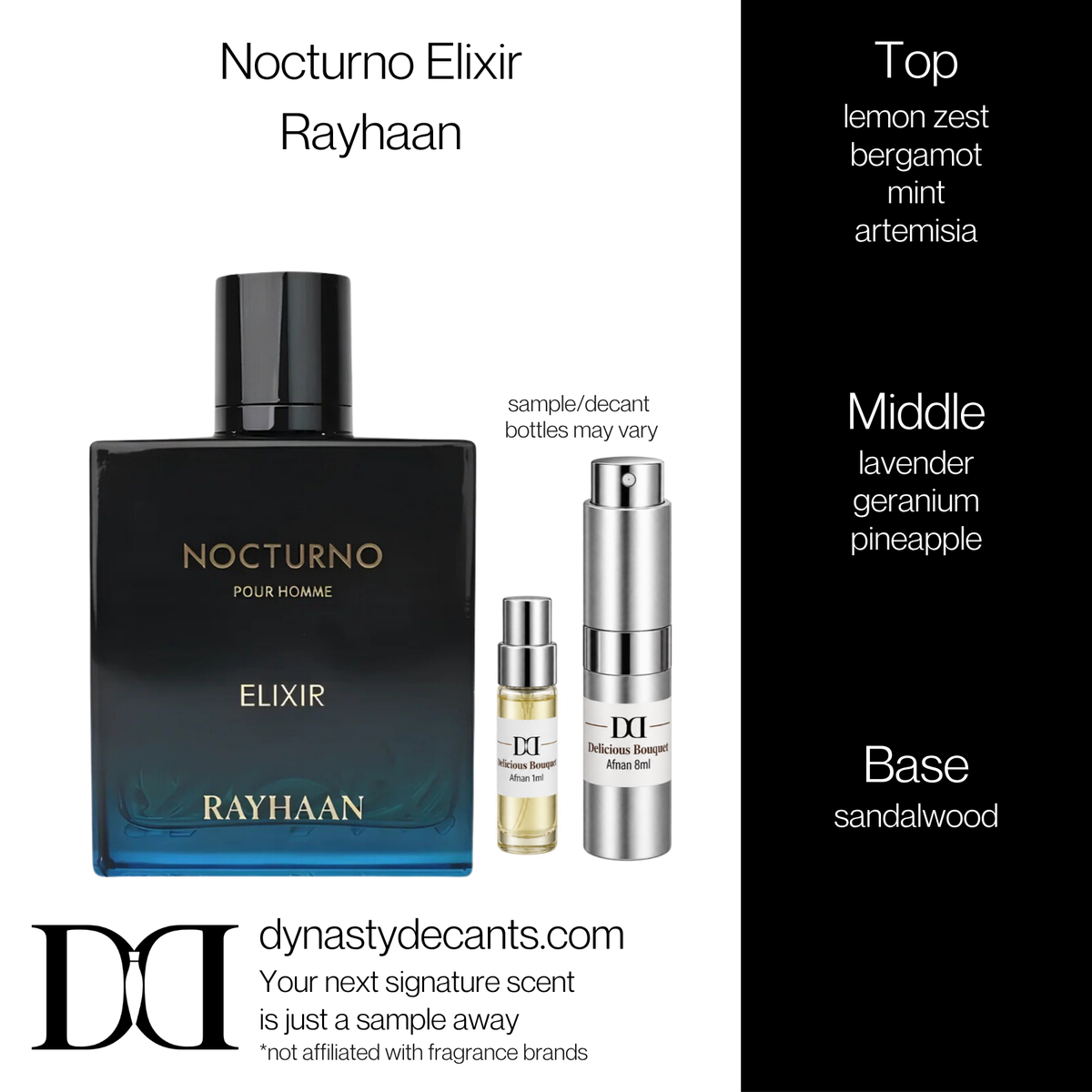 Fragrance sample bottle for Nocturno Elixir by Rayhaan
