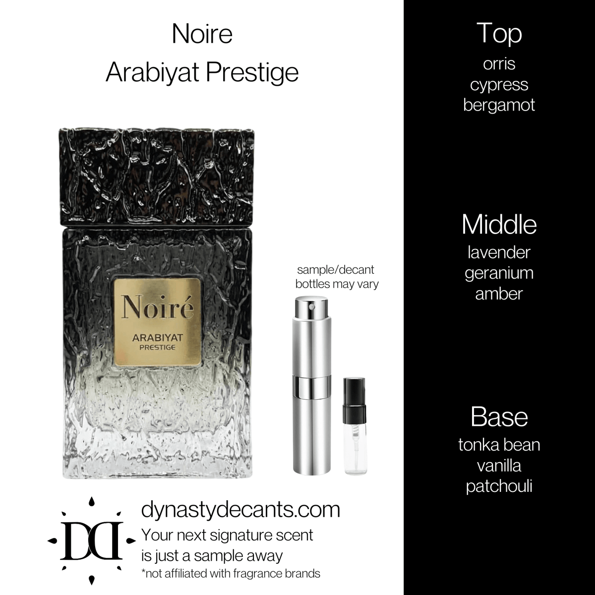 Fragrance sample bottle for Noire by Arabiyat Prestige