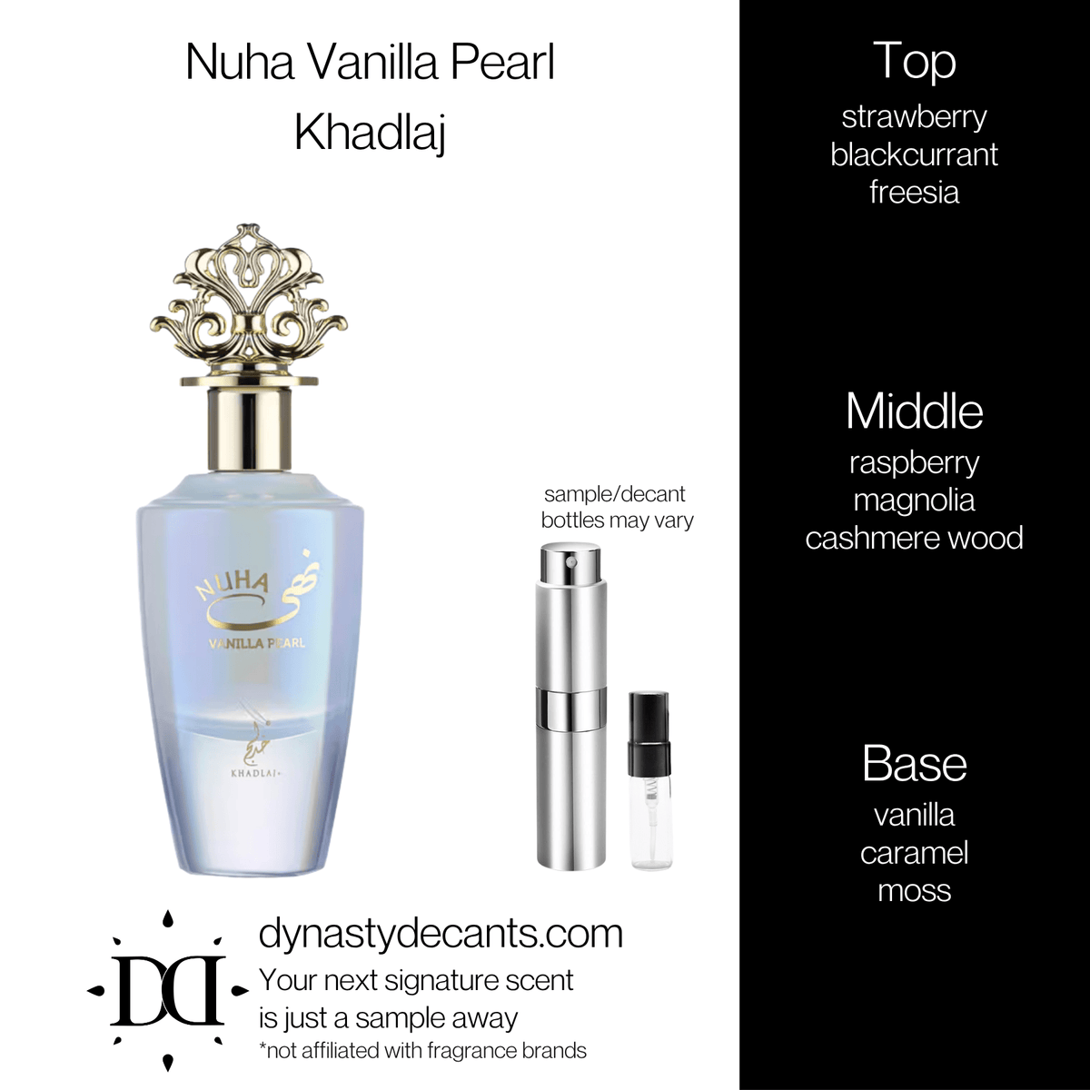 Fragrance sample bottle for Nuha Vanilla Pearl by Khadlaj