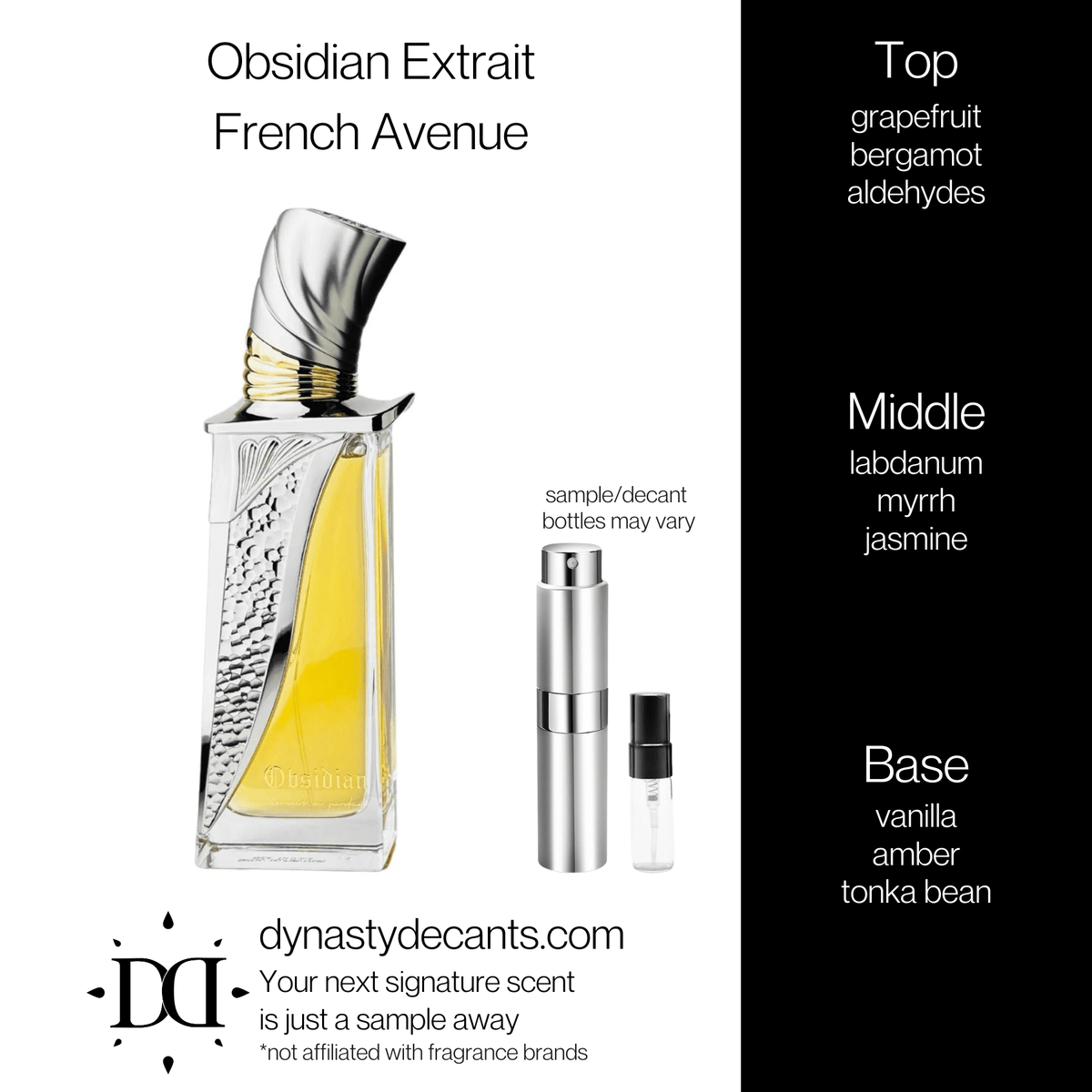 Fragrance sample bottle for Obsidian Extrait by French Avenue
