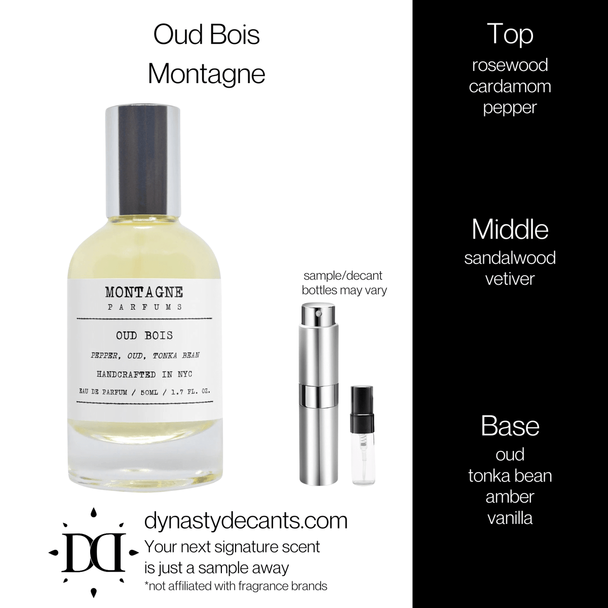 Fragrance sample bottle for Oud Bois by Montagne